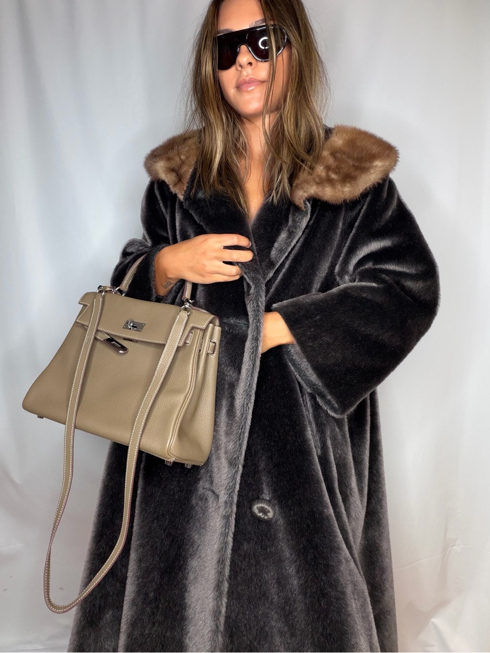 Lux Faux Fur Long Coat with Contrasting real fur Collar - Brown/Gray